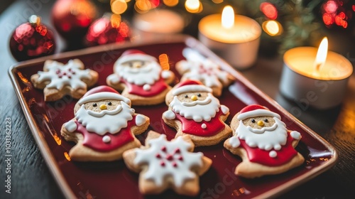 Festive christmas cookies decorated with santa claus and snowflakes