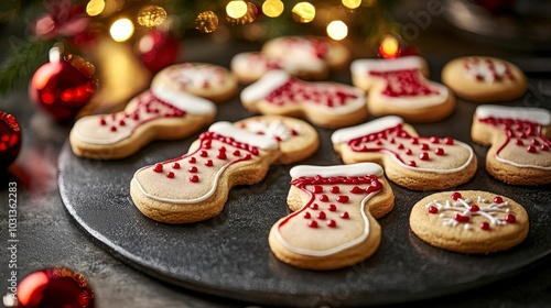 Decorated christmas cookies on a dark plate with festive lights in background