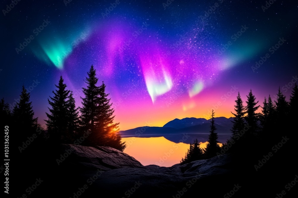 Purple aurora lighting the night sky, with silhouetted trees in the foreground Purple aurora lighting the night sky, with silhouetted trees in the foreground