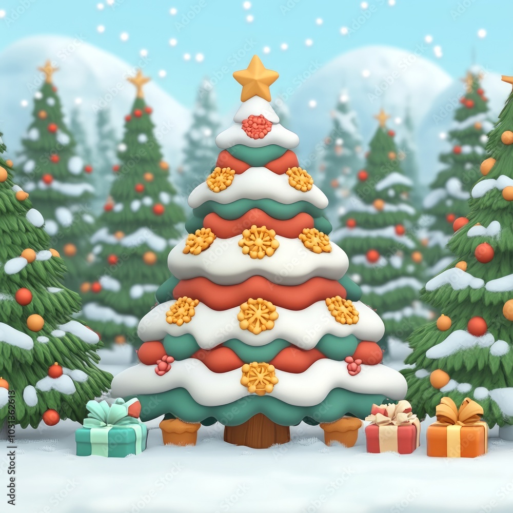 A whimsical, snow-covered Christmas tree surrounded by festive decorations. A whimsical, snow-covered Christmas tree surrounded by festive decorations.