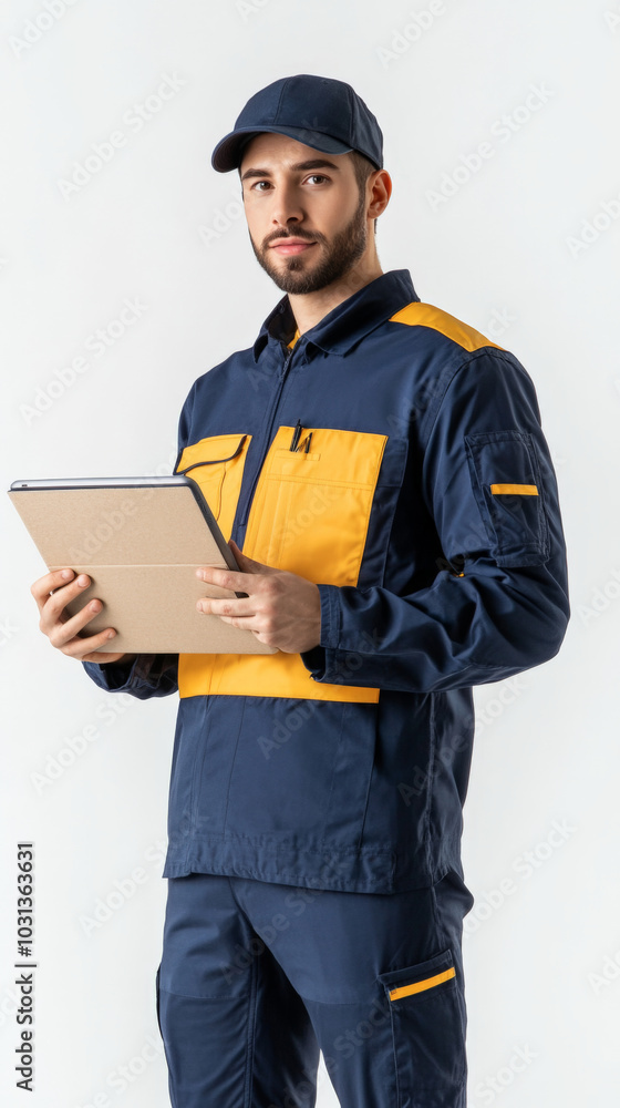 Courier in uniform holding tablet for delivery service efficiency Courier in uniform holding tablet for delivery service efficiency