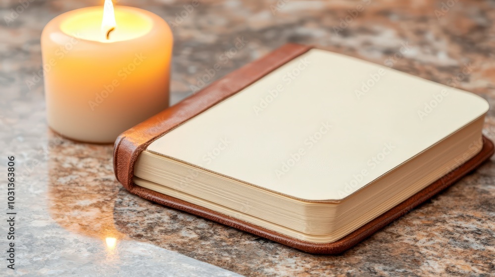 Fototapeta premium Serene scene with a candle and an empty notebook on a table