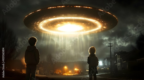 Two children gaze at a glow...