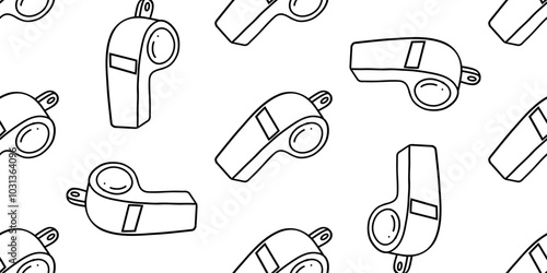 Whistle for sports. a device that creates sound vibrations. Make a loud sound. seamless pattern, wallpaper, textile, print isolated on white background. Hand drawn vector illustration. Line, doodle, c