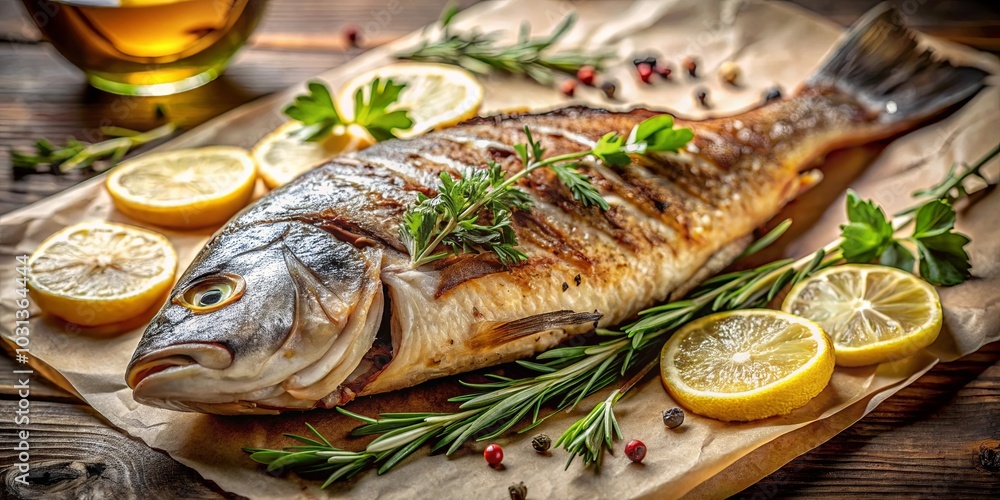 Aromatic Grilled Fish with Lemon and Fresh Herbs, Perfectly Seasoned with Peppercorns, Ready to be Savored Aromatic Grilled Fish with Lemon and Fresh Herbs, Perfectly Seasoned with Peppercorns, Ready to be Savored