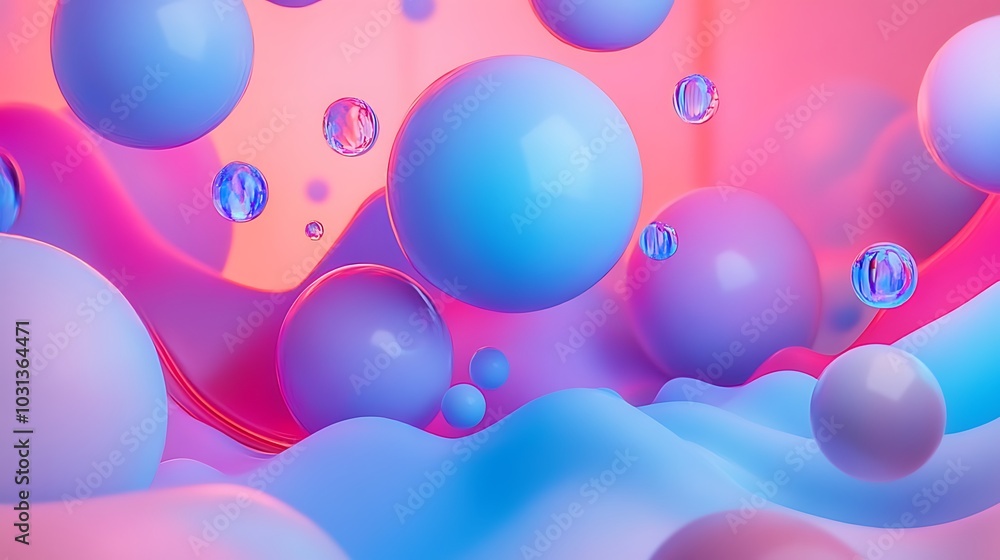 Abstract 3D render of colorful spheres and wavy surfaces in a futuristic and vibrant style. Abstract 3D render of colorful spheres and wavy surfaces in a futuristic and vibrant style.