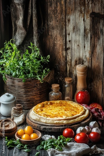 Rustic pizza surrounded by fresh ingredients © Watie2781