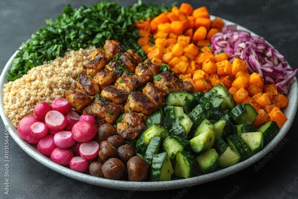 Colorful platter of grilled chicken and fresh vegetables. Colorful platter of grilled chicken and fresh vegetables.