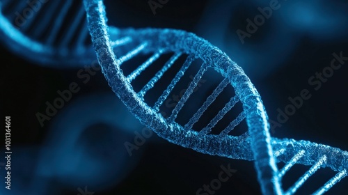 Close-up of a blue DNA double helix structure on a dark background.