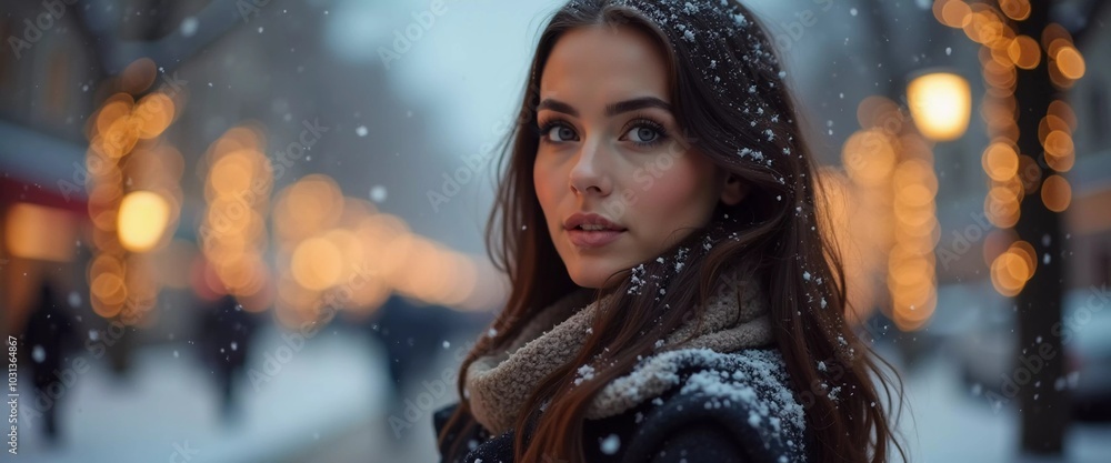 A stunning woman is looking softly as snowflakes fall around her in a delightful city setting, capturing the magic of the Christmas season. Beautiful brunette with long hair. Generative AI A stunning woman is looking softly as snowflakes fall around her in a delightful city setting, capturing the magic of the Christmas season. Beautiful brunette with long hair. Generative AI
