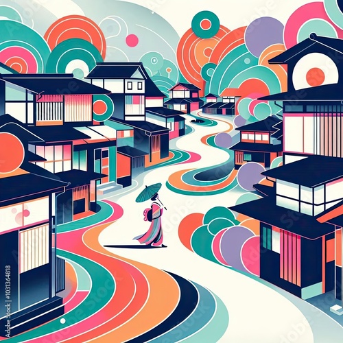 Abstract Street Scene with Geisha in Traditional Japanese Kimono with Generative AI.