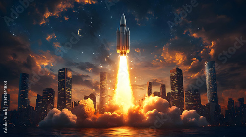 A rocket launches against a...