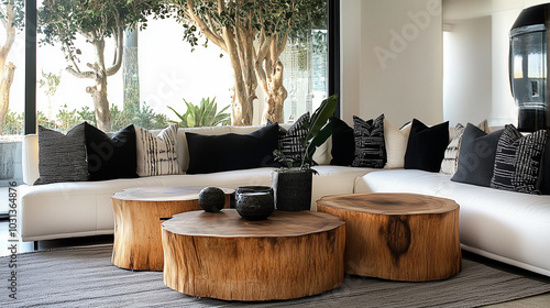A beautiful living room with two round tree stump coffee tables