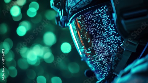 Close-up of a soldier's helmet reflecting digital data in glowing surroundings.
