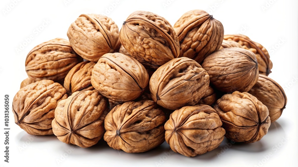 A cluster of smooth brown walnuts with a slightly rough texture, showcasing the intricacies of their natural shell patterns. A cluster of smooth brown walnuts with a slightly rough texture, showcasing the intricacies of their natural shell patterns.