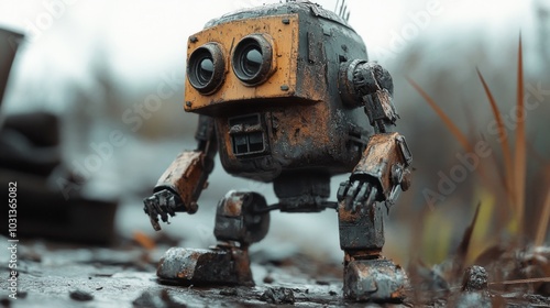 A small, rusty robot with large eyes stands on a muddy surface.