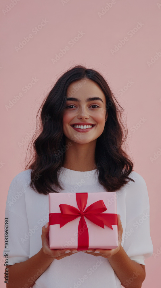Young woman holding gift box for celebration against pink background Young woman holding gift box for celebration against pink background