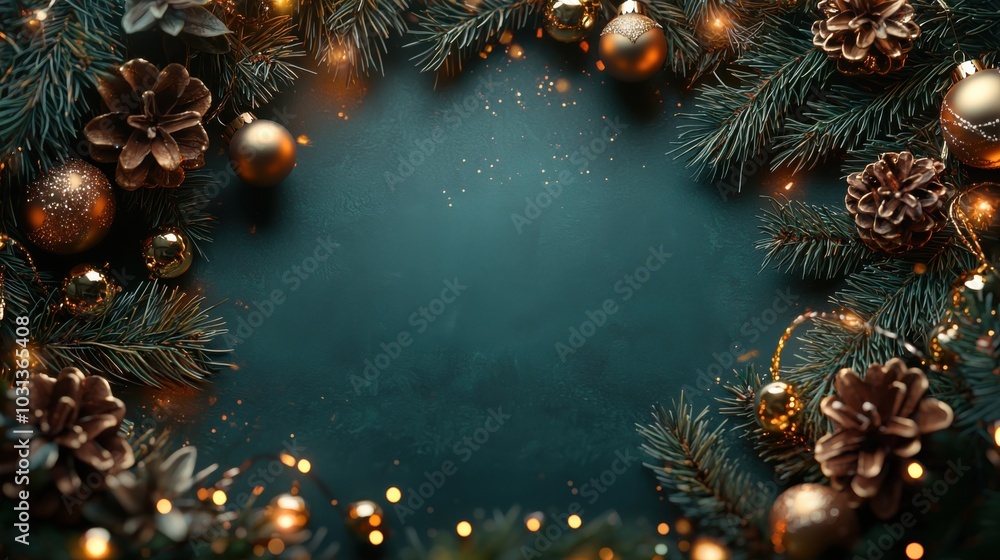 Festive Christmas Background with Pine Cones and Lights Festive Christmas Background with Pine Cones and Lights
