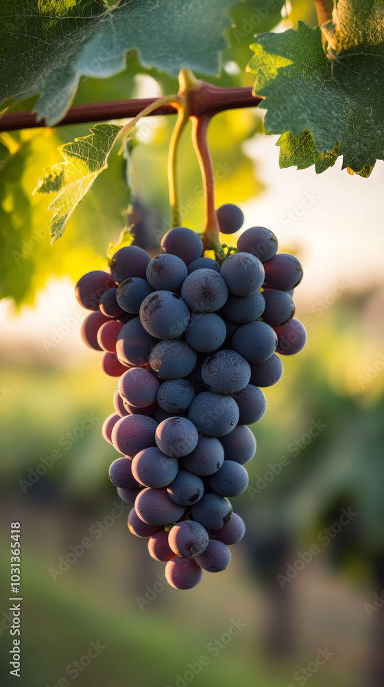 Naklejka premium Ripe grapes on vine in vineyard at sunset - harvest season, agriculture, wine production