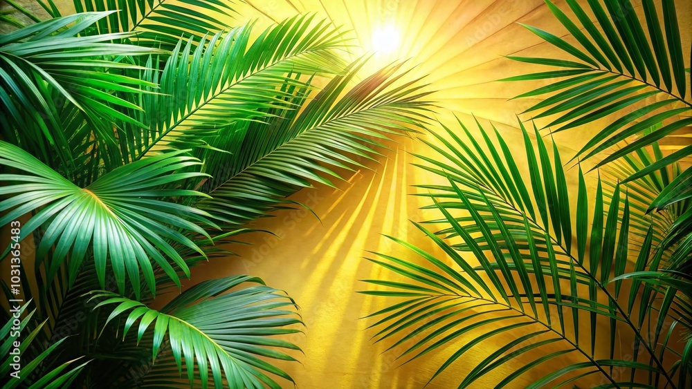 Double Exposure of Green Palm Leaves and Sunbeams on a Yellow Wall for Tropical Vibes Double Exposure of Green Palm Leaves and Sunbeams on a Yellow Wall for Tropical Vibes