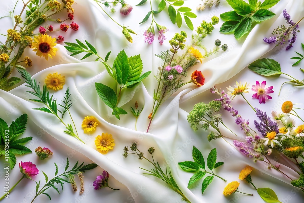 Double Exposure of Medicinal Herbs and Silk Fabric for Natural Beauty and Wellness Double Exposure of Medicinal Herbs and Silk Fabric for Natural Beauty and Wellness