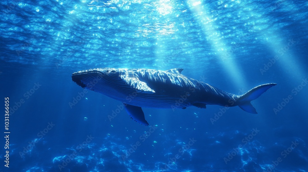 A 3D underwater scene featuring a giant whale swimming through deep, blue water, with small fish and light rays illuminating the ocean floor. A 3D underwater scene featuring a giant whale swimming through deep, blue water, with small fish and light rays illuminating the ocean floor.