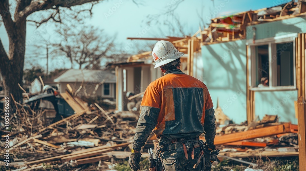 Construction workers repair homes in a small town while cleaning debris after recent hurricane damage Construction workers repair homes in a small town while cleaning debris after recent hurricane damage