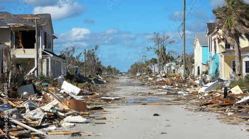 Fototapeta Naklejka Na Ścianę i Meble -  Hurricane aftermath in a small coastal town with debris scattered across the streets and broken windows reflecting the destruction