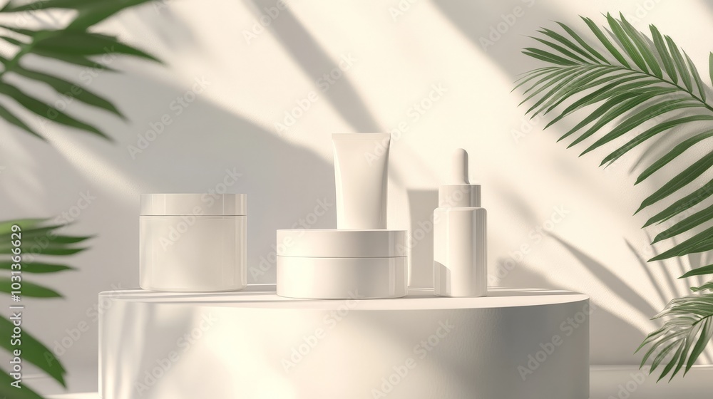 A clean 3D composition of skin care products in sleek packaging, arranged on a white surface with soft lighting and shadows creating a fresh, modern look. A clean 3D composition of skin care products in sleek packaging, arranged on a white surface with soft lighting and shadows creating a fresh, modern look.