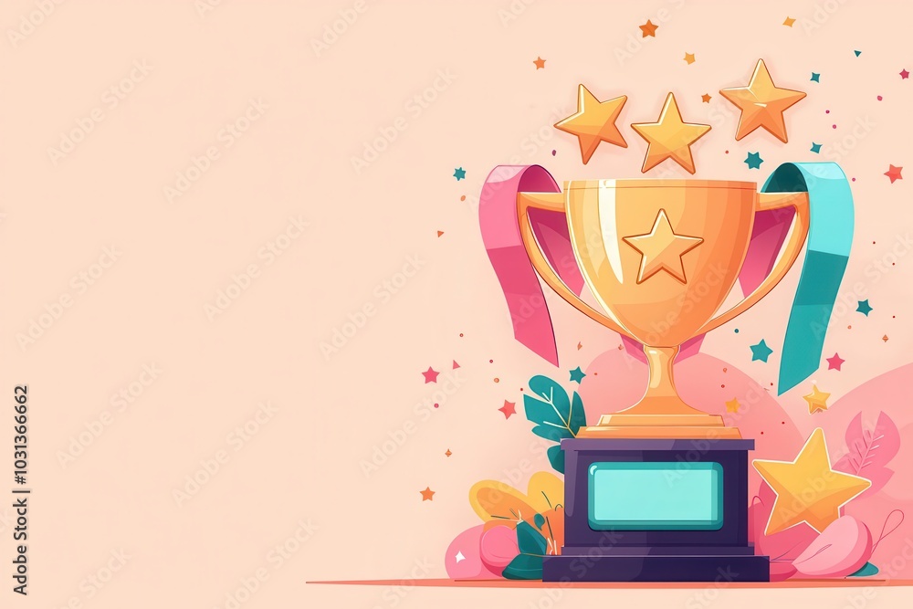 Golden trophy with stars and ribbons, colorful confetti background. Golden trophy with stars and ribbons, colorful confetti background.