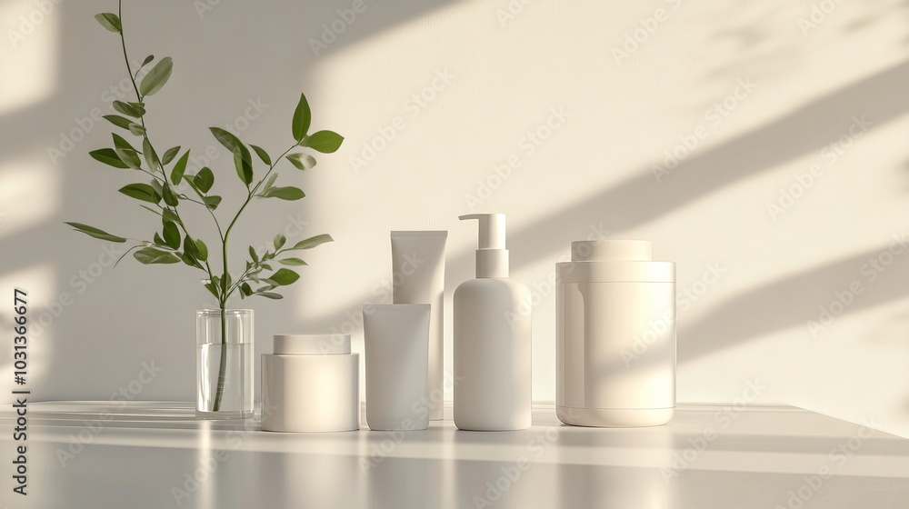 A clean and minimalist 3D rendering of skin care products in sleek packaging, placed on a white surface with soft natural lighting highlighting the details. A clean and minimalist 3D rendering of skin care products in sleek packaging, placed on a white surface with soft natural lighting highlighting the details.