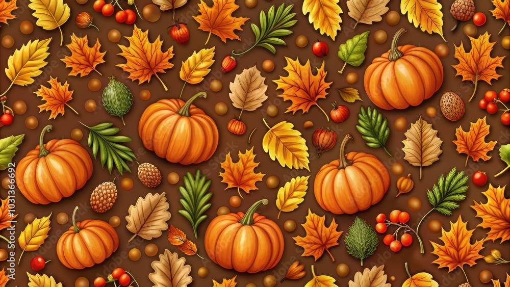 Seamless pattern of pumpkins, oak leaves, and berries on brown background, autumn , pumpkin, oak leaf, berry, seamless Seamless pattern of pumpkins, oak leaves, and berries on brown background, autumn , pumpkin, oak leaf, berry, seamless