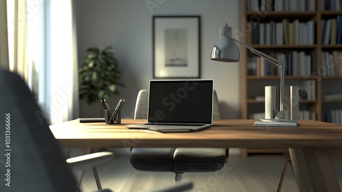 A modern home office with a wooden desk, a laptop, a lamp, a bookshelf, and a potted plant.