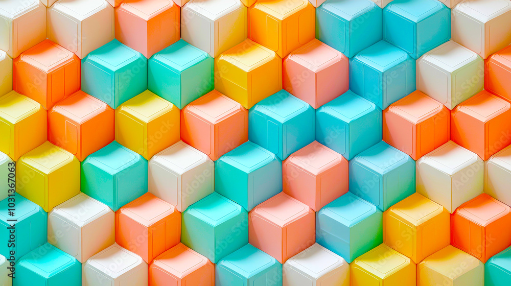 Soft colors create harmonious pattern of 3D isometric cubes, forming visually appealing and modern design. This repeating pattern adds touch of elegance and creativity to any space Soft colors create harmonious pattern of 3D isometric cubes, forming visually appealing and modern design. This repeating pattern adds touch of elegance and creativity to any space