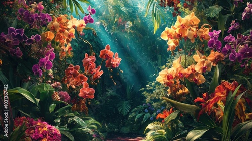 A lush tropical garden with vibrant orchids illuminated by sunbeams.