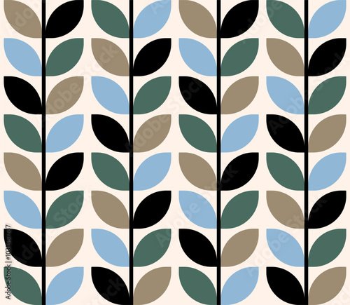 Retro autumn mod leaves green brown Vector Pattern. Midcentury style geometric stems pine green, mushroom brown, sky blue, black seamless pattern.