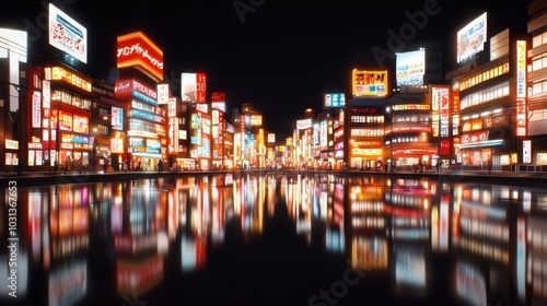 Cartoon Japanese city street filled with vibrant neon signs and reflections bouncing off glass storefronts