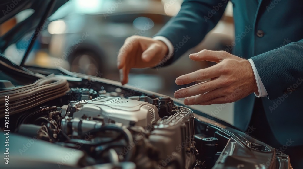 Car salesman engaging with a customer while showcasing the engine in a dealership during a daytime sales presentation Car salesman engaging with a customer while showcasing the engine in a dealership during a daytime sales presentation