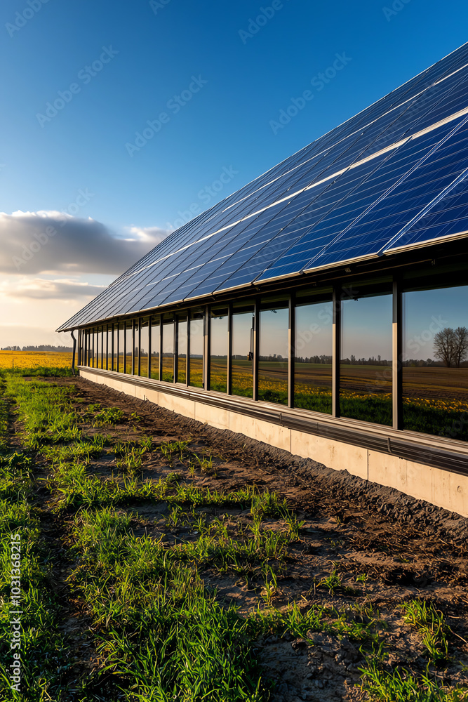 Obraz premium A side view of a solar panel system installed on a greenhouse, providing energy to support sustainable food production