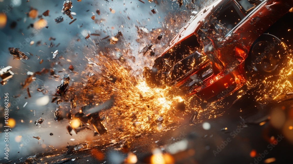 A dramatic close-up of a high-speed vehicle crash, the moment of impact captured with debris flying and metal crumpling. A dramatic close-up of a high-speed vehicle crash, the moment of impact captured with debris flying and metal crumpling.