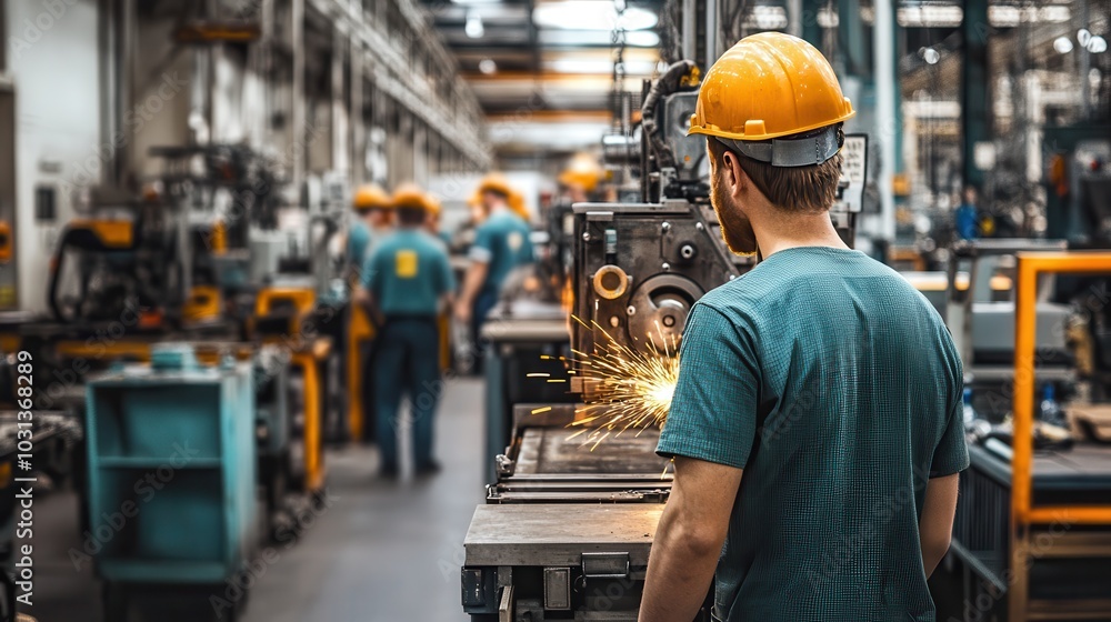Dynamic industrial workshop scene with workers in safety gear, welding and operating machinery amidst glowing amber lights and sparks Dynamic industrial workshop scene with workers in safety gear, welding and operating machinery amidst glowing amber lights and sparks
