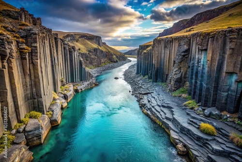 A stunning basalt canyon with a blue glacial river known as Studlagil in the eastern highlands photo