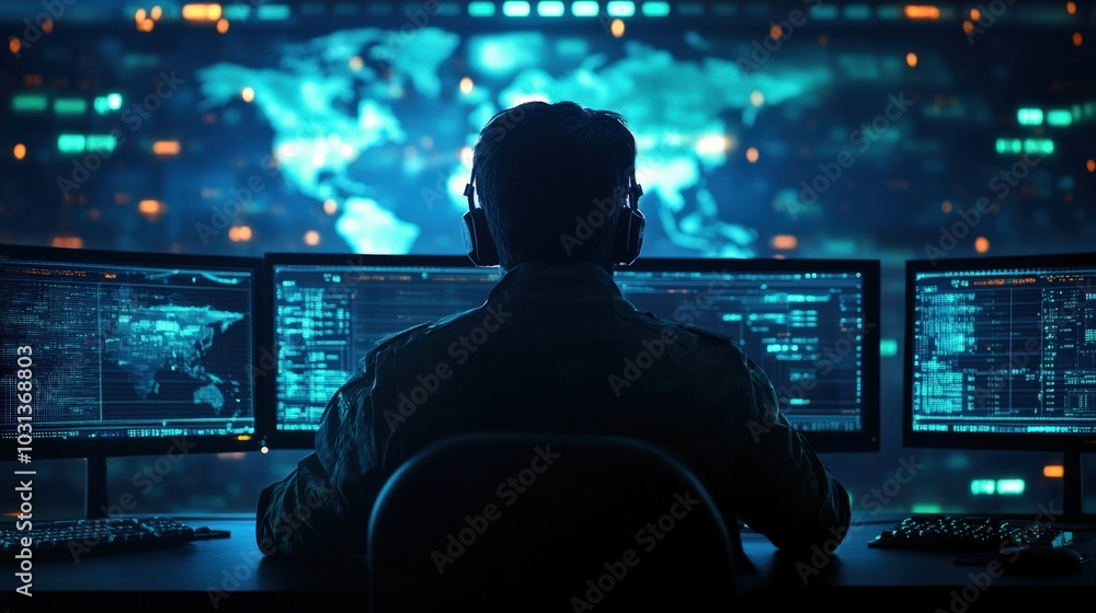 Person working on computer monitors in a dark control room. Person working on computer monitors in a dark control room.