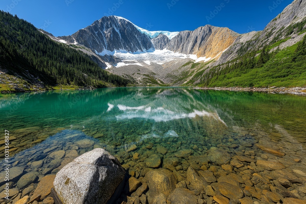 Turquoise glacial lake reflecting towering peaks, surrounded by evergreen forests Turquoise glacial lake reflecting towering peaks, surrounded by evergreen forests