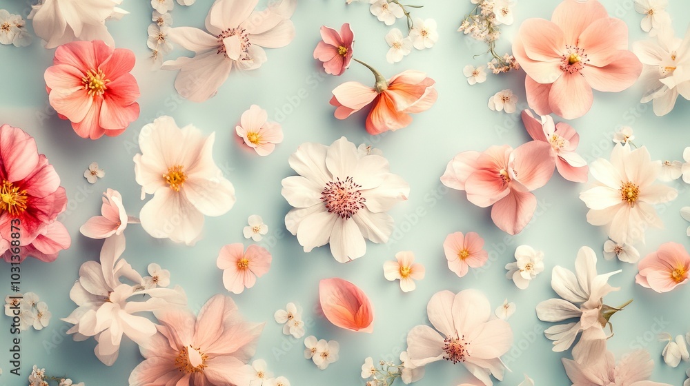 A floral composition with blooming flowers in various stages of life, arranged in a visually pleasing pattern on a soft pastel background. A floral composition with blooming flowers in various stages of life, arranged in a visually pleasing pattern on a soft pastel background.
