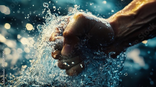 A forceful punch making contact, showing the moment of impact with ripples and shockwaves spreading through the air, symbolizing strength and power.