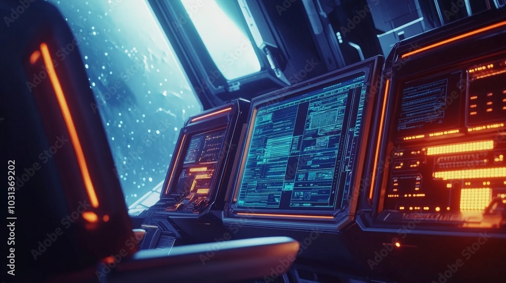 A futuristic 3D interior of a spaceship control room, with glowing monitors, sleek control panels, and a large window showing space outside. A futuristic 3D interior of a spaceship control room, with glowing monitors, sleek control panels, and a large window showing space outside.