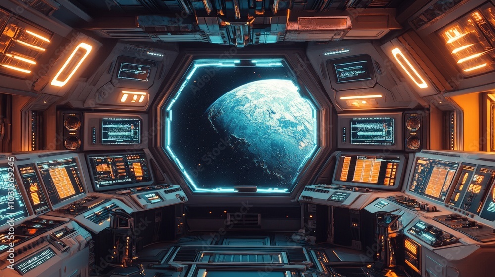 A futuristic 3D interior of a spaceship control room, with glowing monitors, sleek control panels, and a large window showing space outside. A futuristic 3D interior of a spaceship control room, with glowing monitors, sleek control panels, and a large window showing space outside.