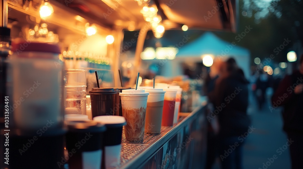 A dynamic shot of a beverage truck at a local event, serving a variety of cold and hot drinks to attendees A dynamic shot of a beverage truck at a local event, serving a variety of cold and hot drinks to attendees