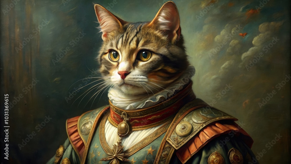 Simulation of a classic oil painting of a cat in military clothing in renaissance style, cat, oil painting, simulation Simulation of a classic oil painting of a cat in military clothing in renaissance style, cat, oil painting, simulation